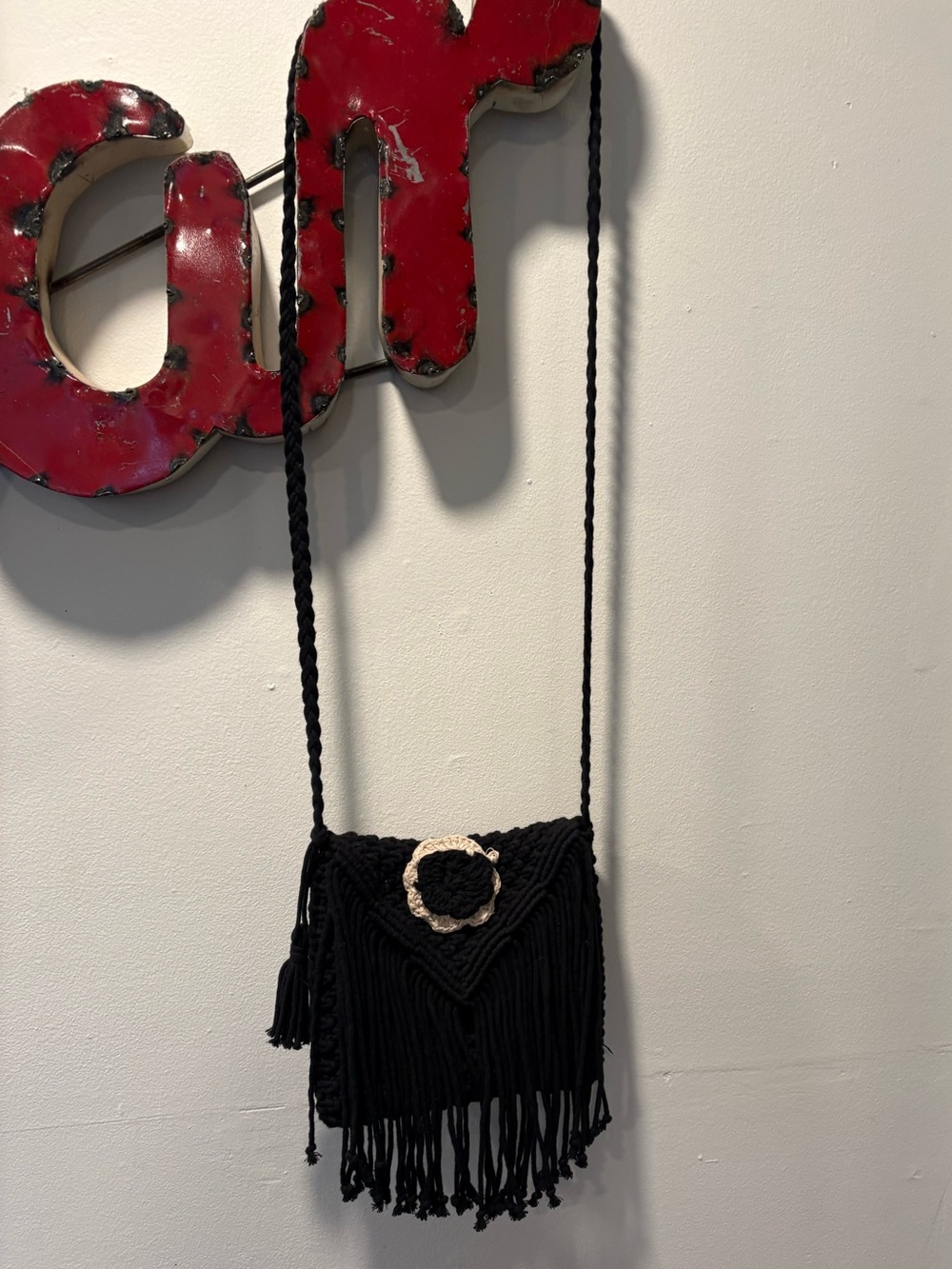 Black Macramé Fringe Crossbody with Decorative Flower accent
